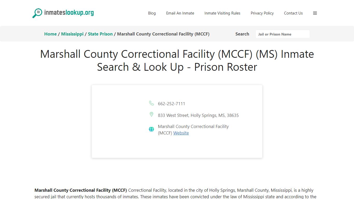 Marshall County Correctional Facility (MCCF) (MS) Inmate Search & Look ...